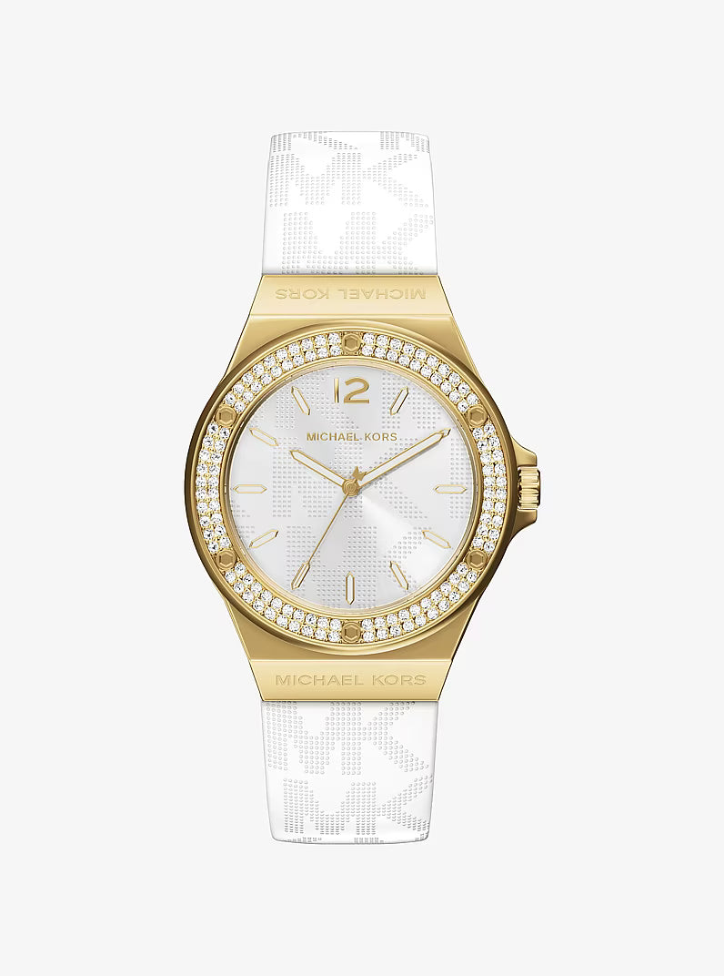 Michael Kors Lennox gold-tone watch with pavé crystal bezel and white silicone strap