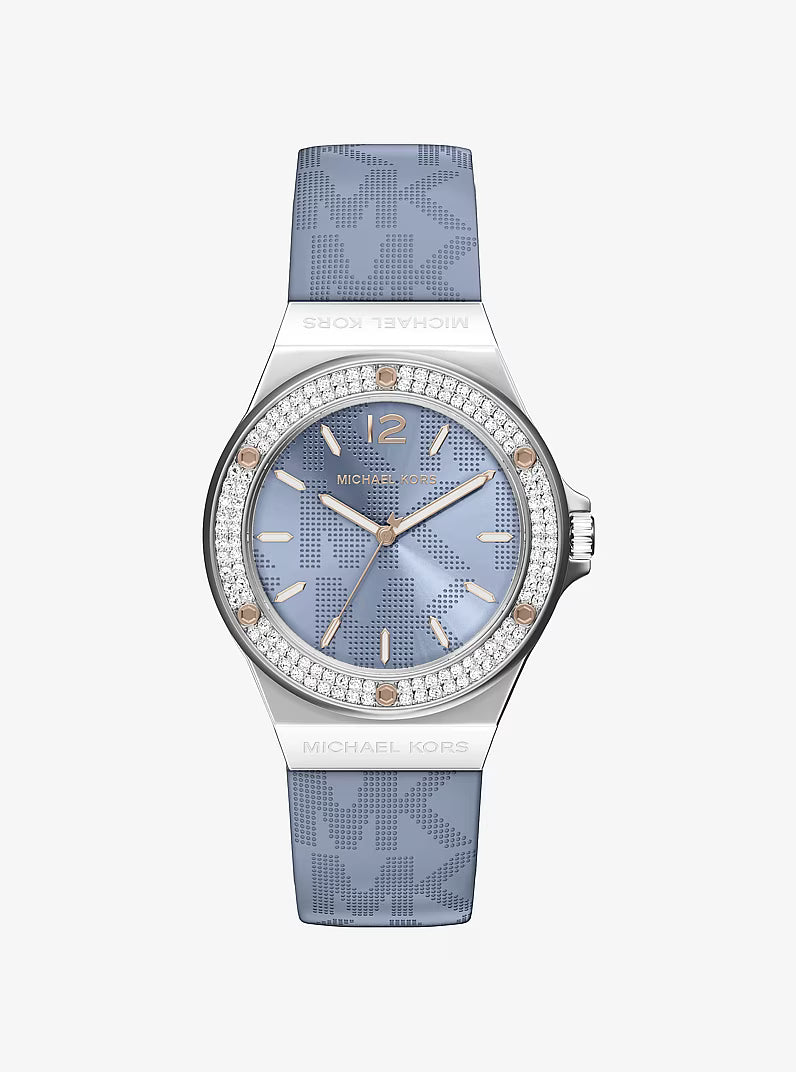 Michael Kors Lennox silver-tone women's watch with blue strap and pavé dial