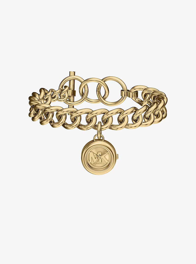 Gold-tone chain link bracelet watch with circular charm pendant, front view