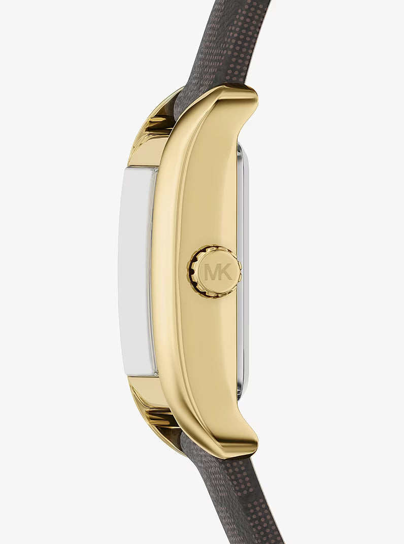 Side view of Michael Kors Mini Monroe watch showing gold-tone case and MK logo detail