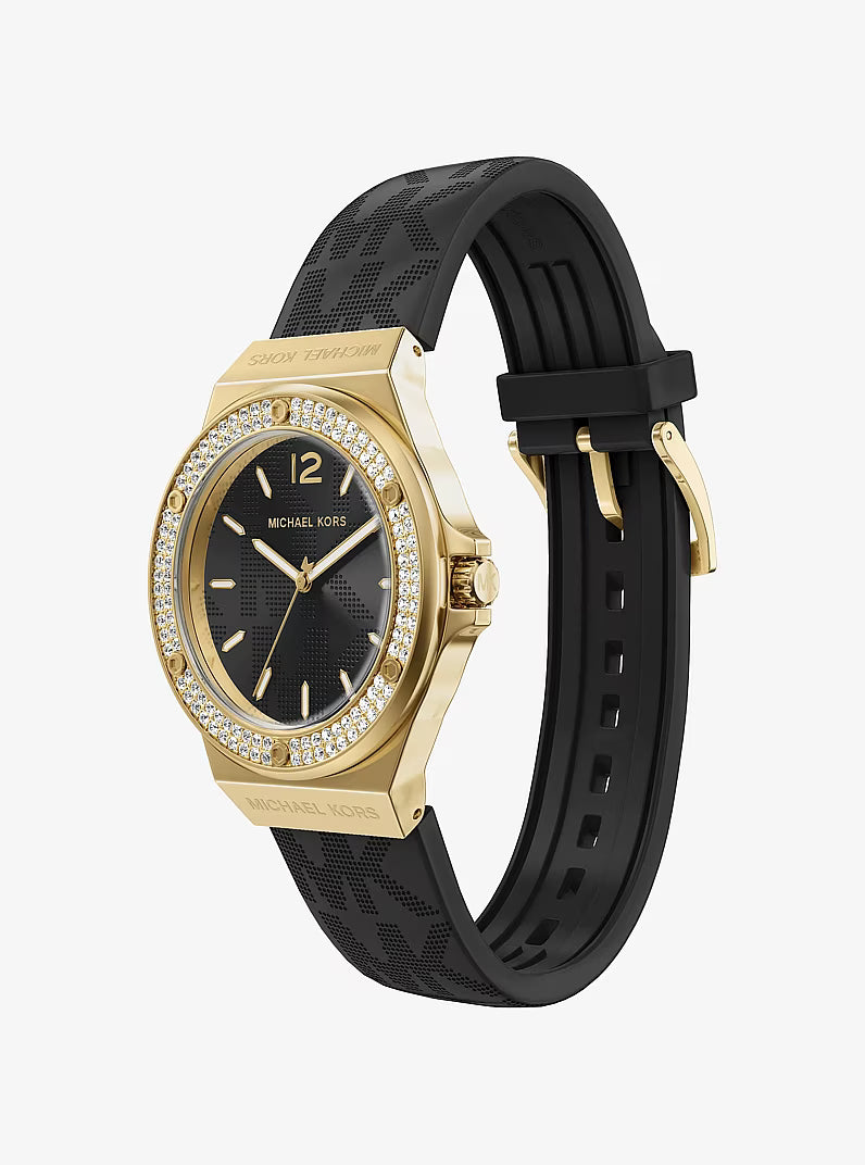 Michael Kors Lennox angled view displaying pavé bezel and black dial with gold accents