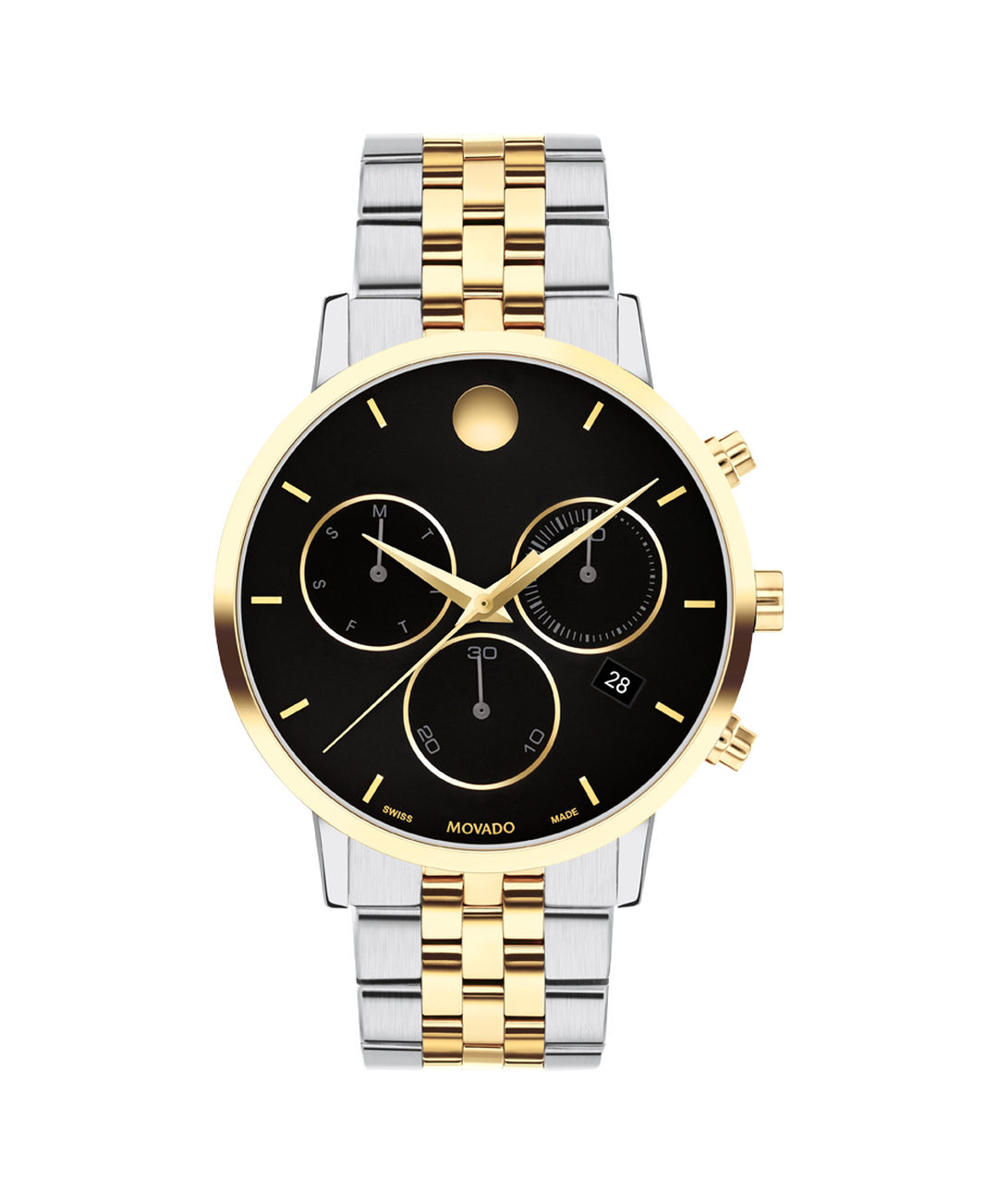 Movado 0607777 chronograph men's watch with stainless steel and yellow gold case, black dial, three subdials, and mixed metal bracelet