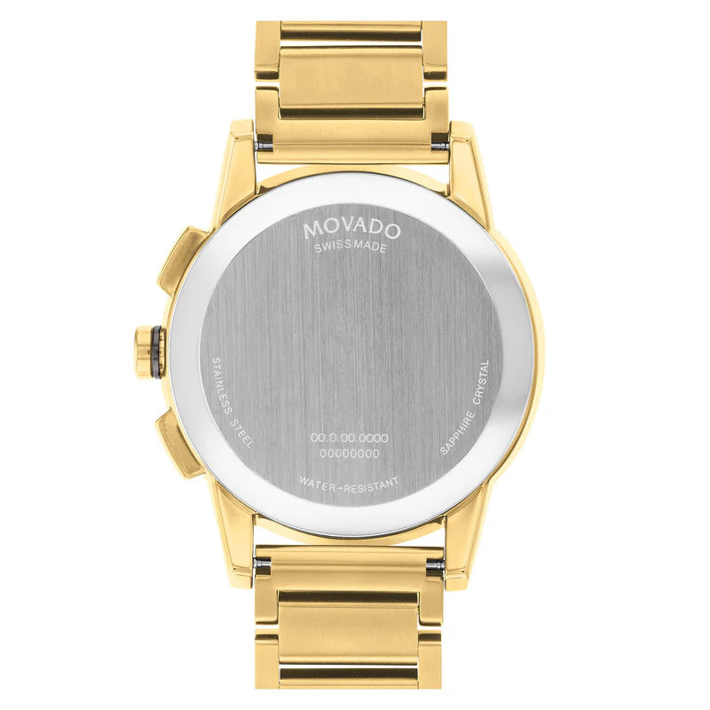 Movado chronograph caseback showing Swiss-made engraving and water resistance rating