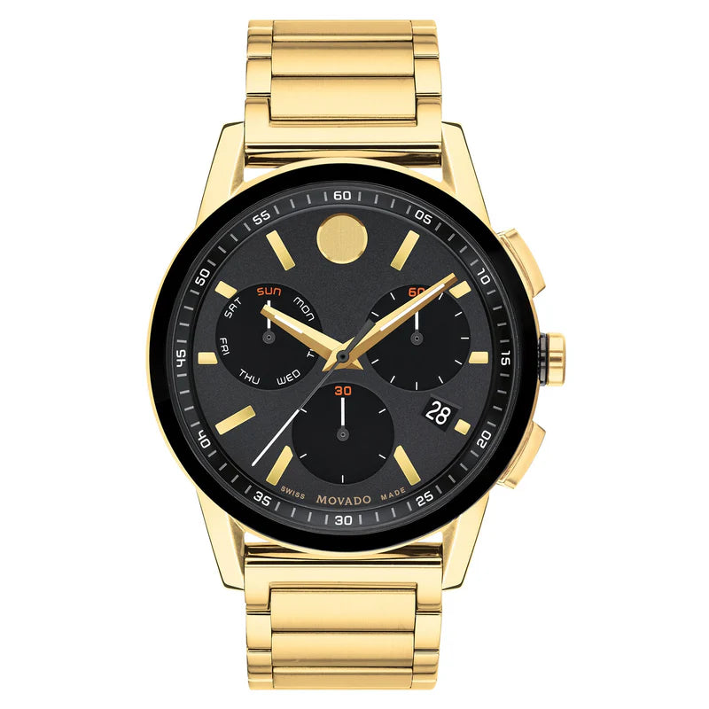 Movado gold steel chronograph watch with black dial and gold hour markers