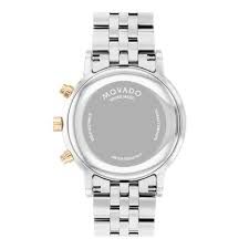 Movado watch caseback showing steel case and two-tone bracelet from above