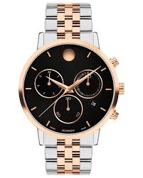 Movado men's watch with black dial, rose gold and steel case, two-tone bracelet, chronograph subdials