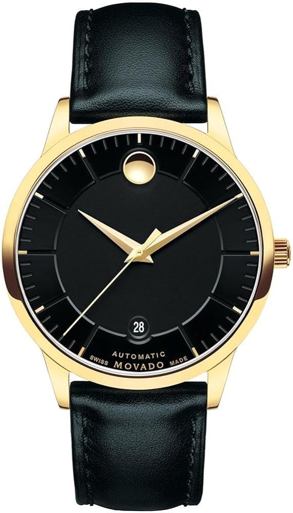 Movado 1881 automatic watch with black dial, gold case, and black leather strap