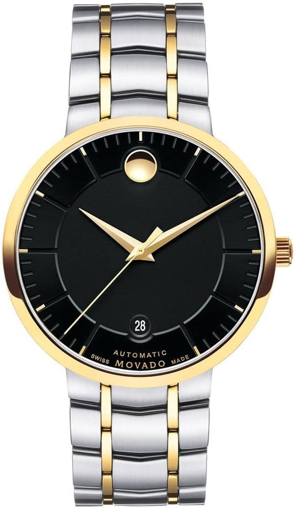 Movado 1881 automatic watch with black dial, gold-tone bezel, and two-tone steel bracelet, front view