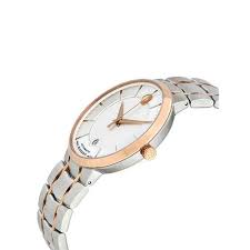 Movado 1881 watch angled view showing two-tone rose gold and silver steel bracelet