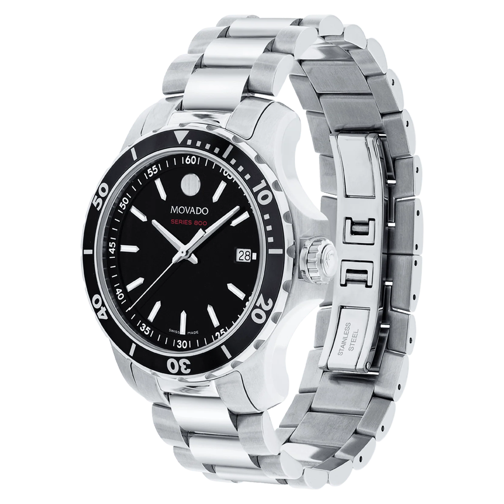 Movado watch showing stainless steel bracelet and case profile with clasp detail