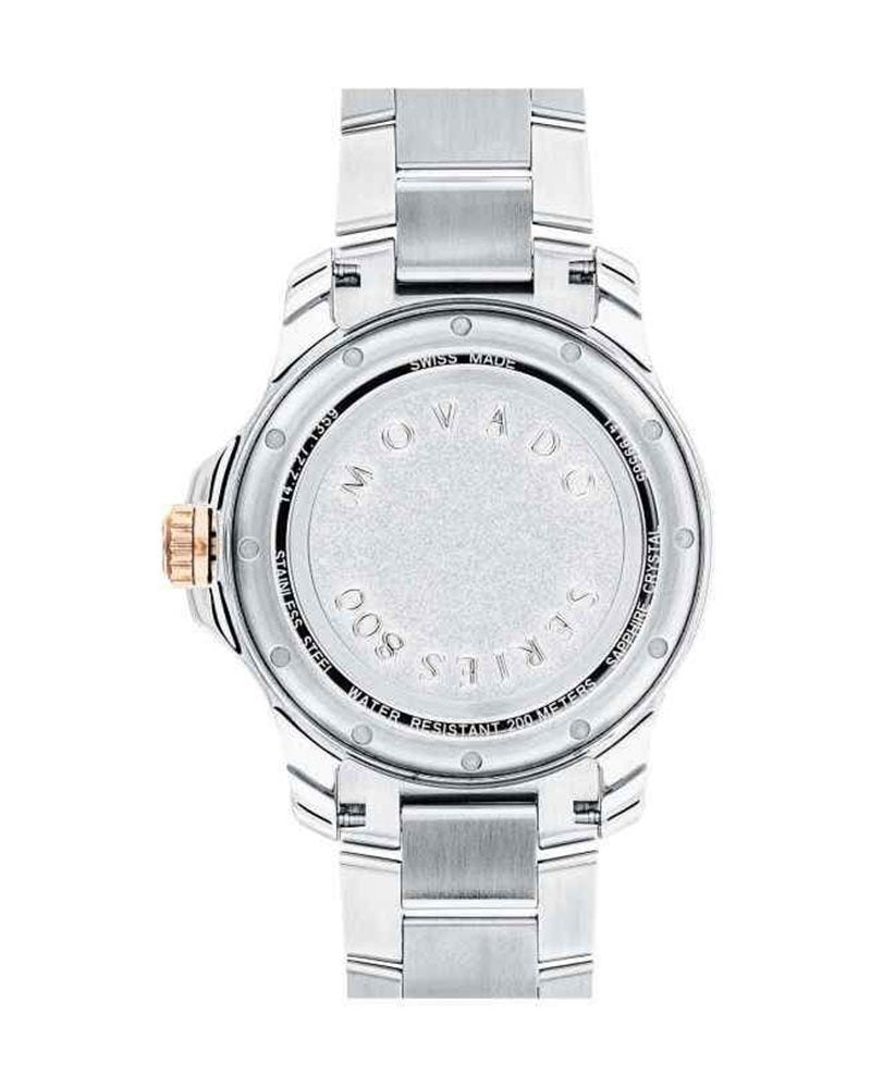 Movado watch caseback showing clear exhibition display and engraved text