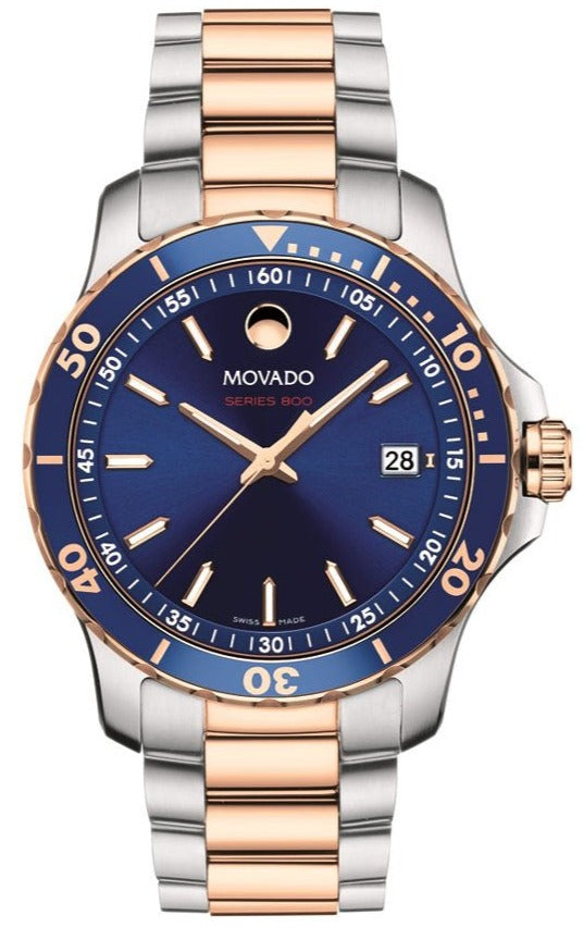 Movado two-tone steel and rose gold men's watch with blue dial and blue bezel