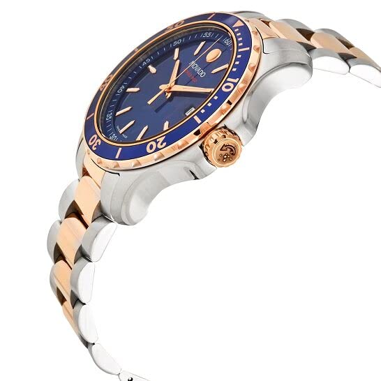 Movado two-tone steel and rose gold watch worn on wrist showing strap and case