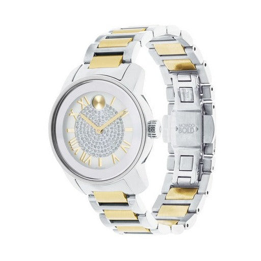 Movado 3600256 two-tone watch at three-quarter angle showing full bracelet and case