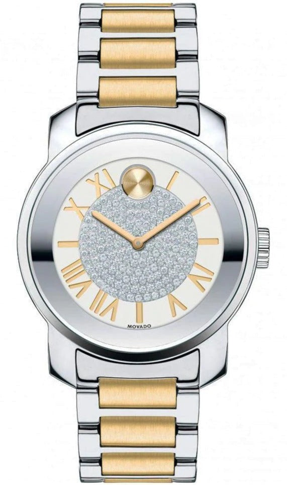 Movado 3600256 two-tone women's watch with silver case, gold and silver bracelet, and patterned dial with Roman numerals
