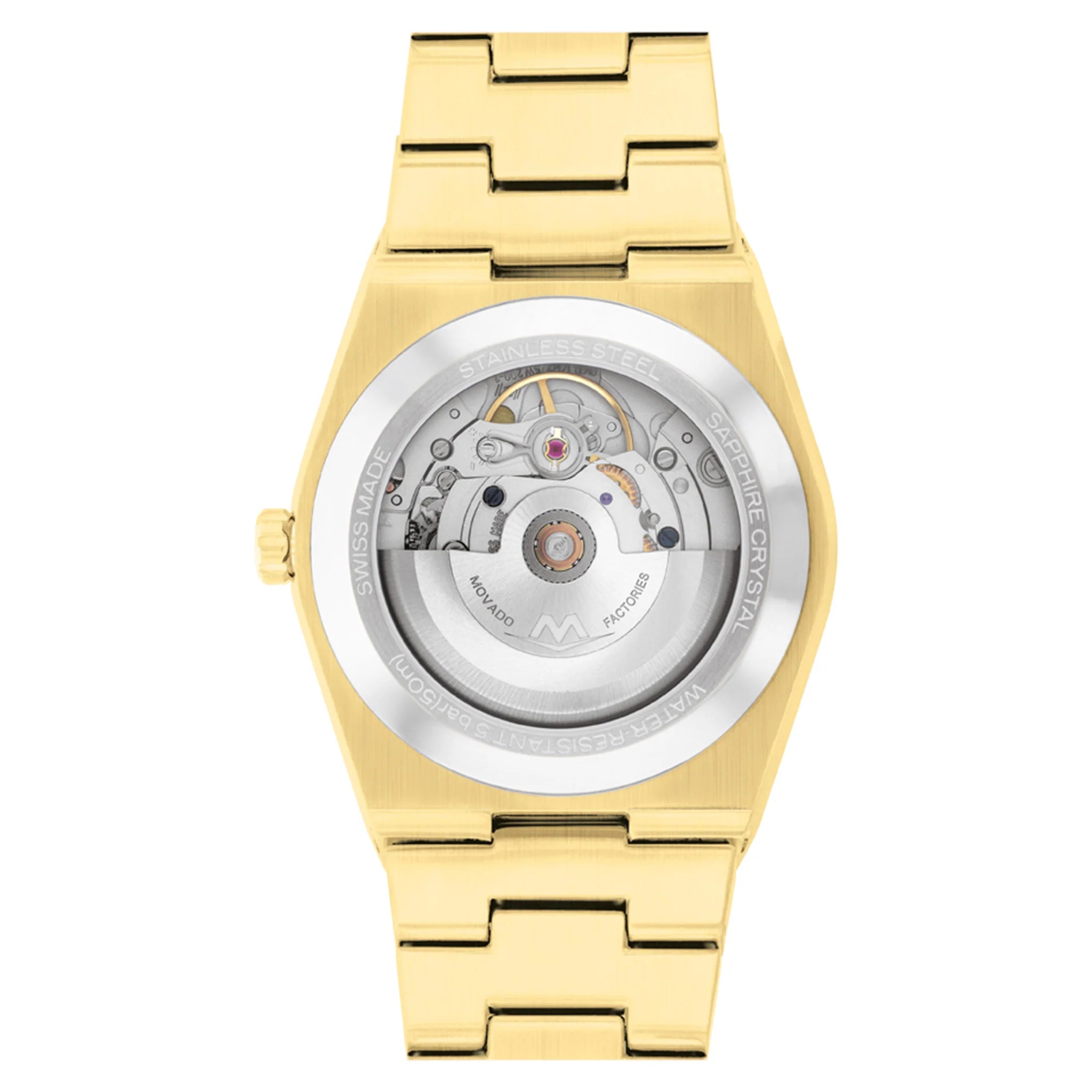 Movado 3600943 caseback showing automatic movement with visible gears and components