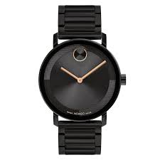 Movado black steel men's watch with minimalist dial and rose gold hands