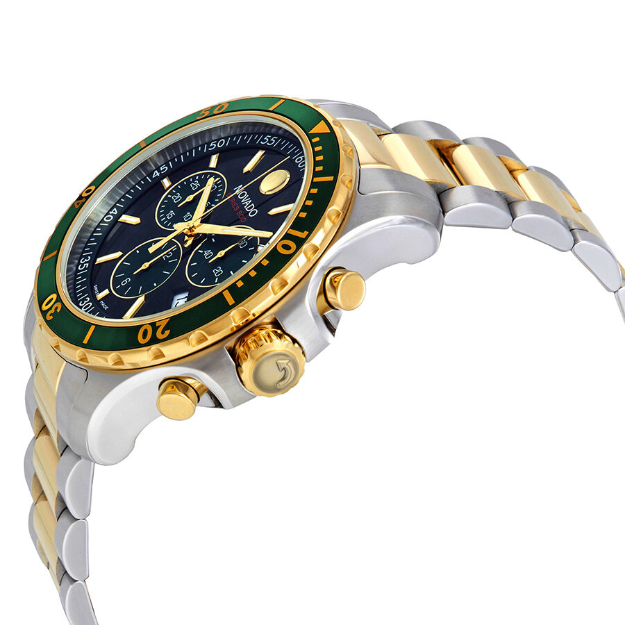 Movado Series 800 chronograph watch angled view showing green dial and two-tone case