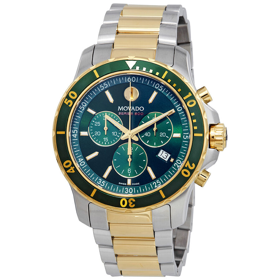 Movado Series 800 Swiss chronograph watch with green dial, two-tone gold and steel bracelet
