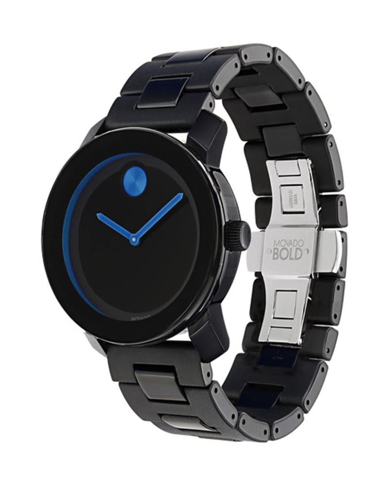 Movado Bold 42mm watch displayed at three-quarter angle showing case and strap