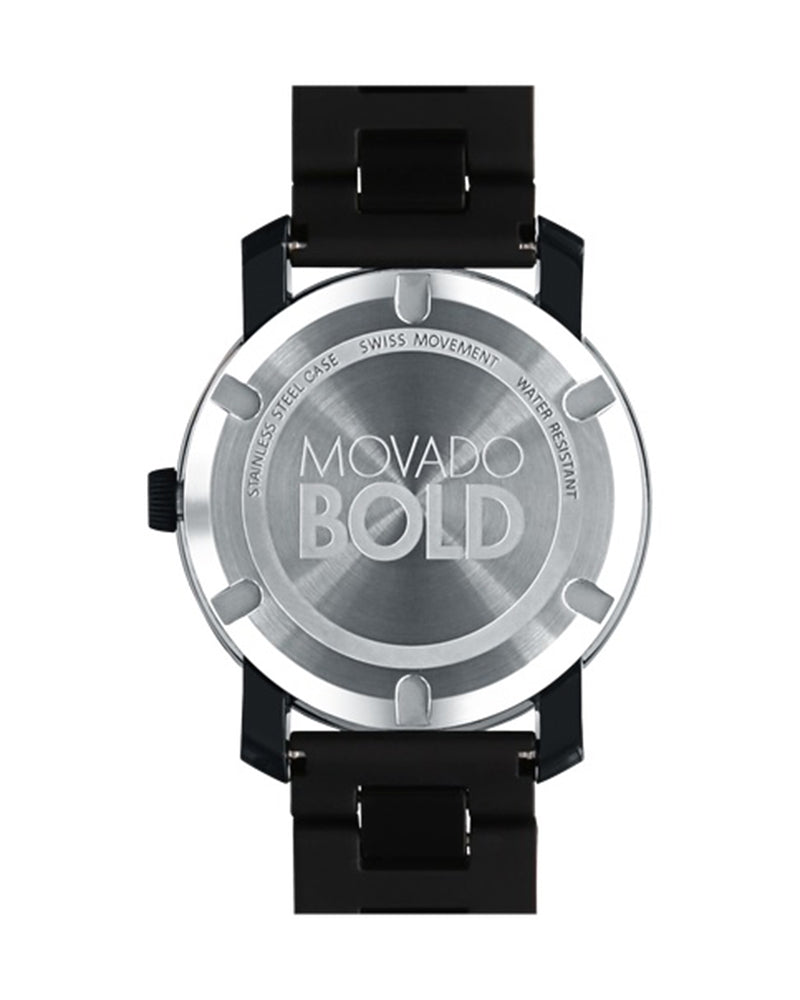 Caseback of Movado Bold watch showing MOVADO BOLD text and Swiss movement indication