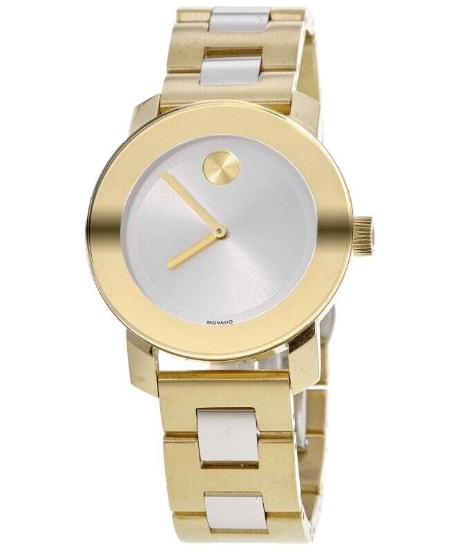 Angled view of Movado Bold watch showing yellow gold case and two-tone bracelet detail