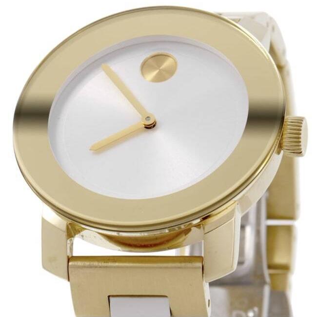 Close-up of Movado Bold dial with iconic dot index and gold-tone hands