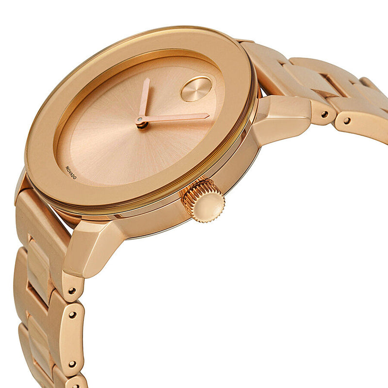 Movado Bold rose gold-tone watch at an angle showing the case profile and rose dial