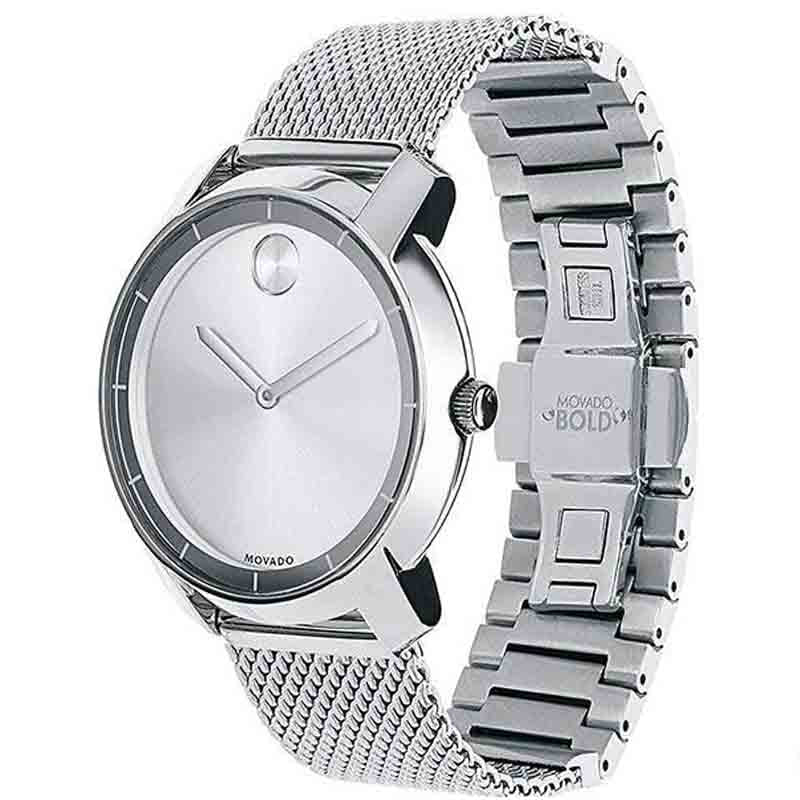 Movado Bold women's watch with mesh and link bracelet sides visible