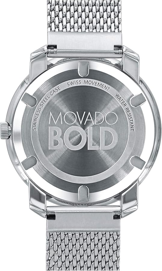 Movado Bold watch caseback displaying Swiss movement and model engraving