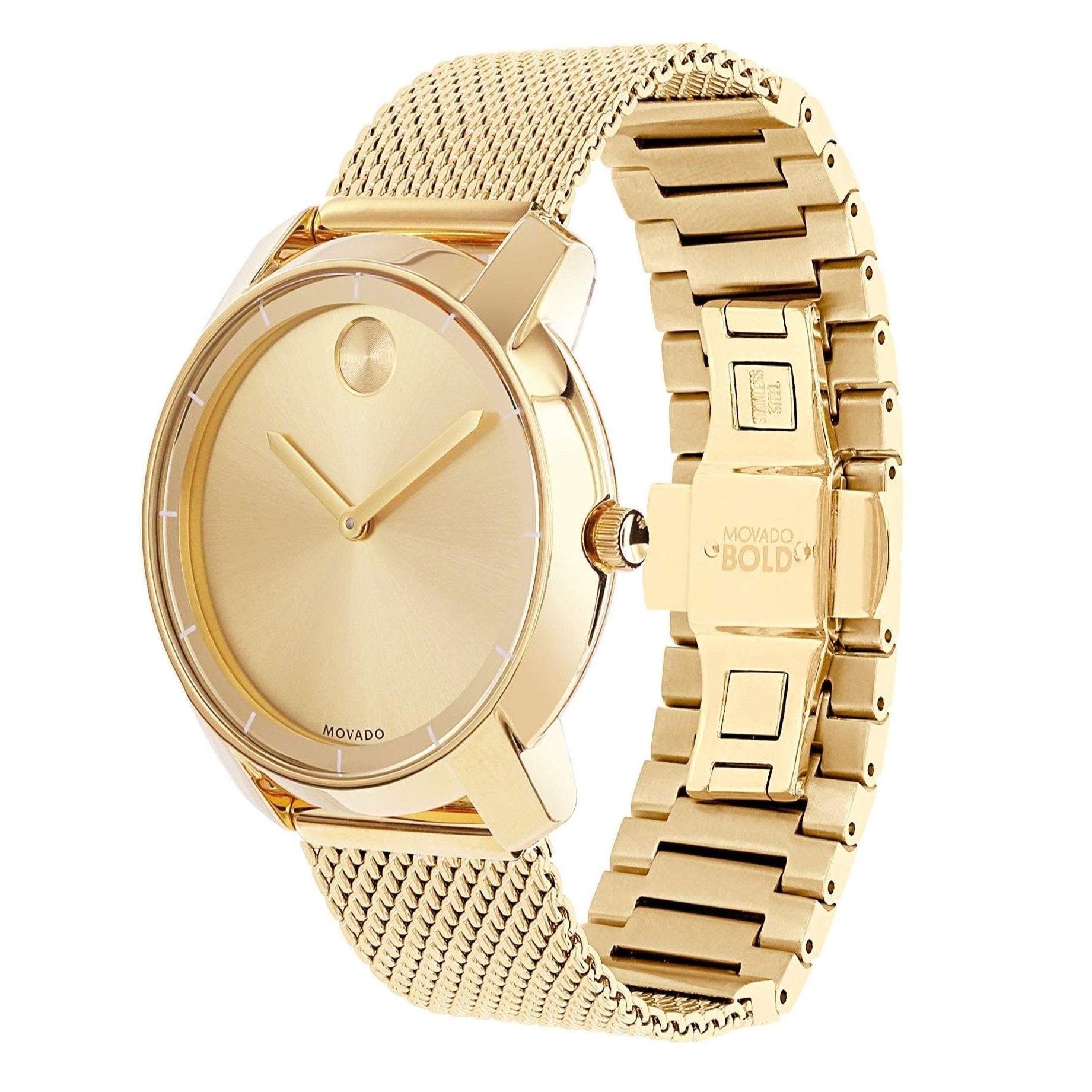 Movado Bold watch angle view with gold mesh and link bracelet mix