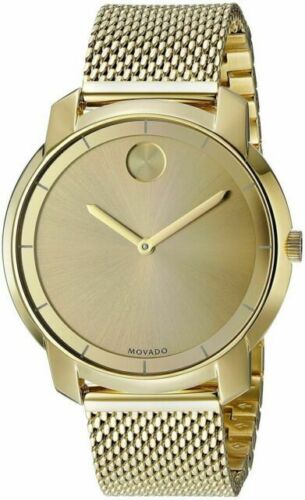 Movado Bold watch angled view showing gold dial and gold mesh bracelet
