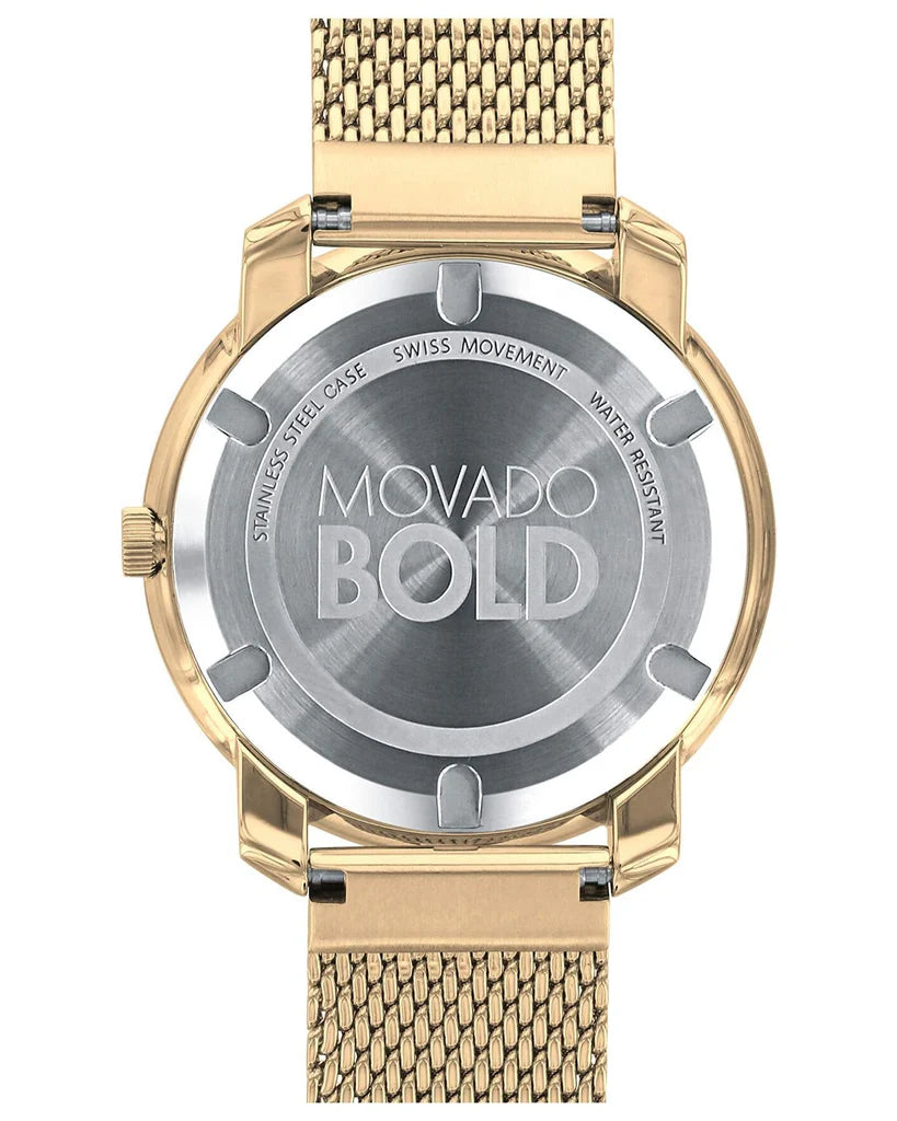 Movado Bold watch caseback showing Swiss movement and Bold branding
