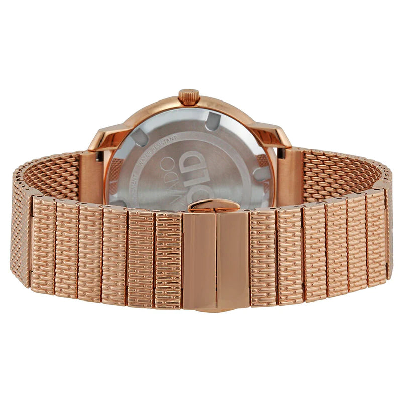 Movado Bold rose gold watch caseback showing rose gold mesh bracelet and closure