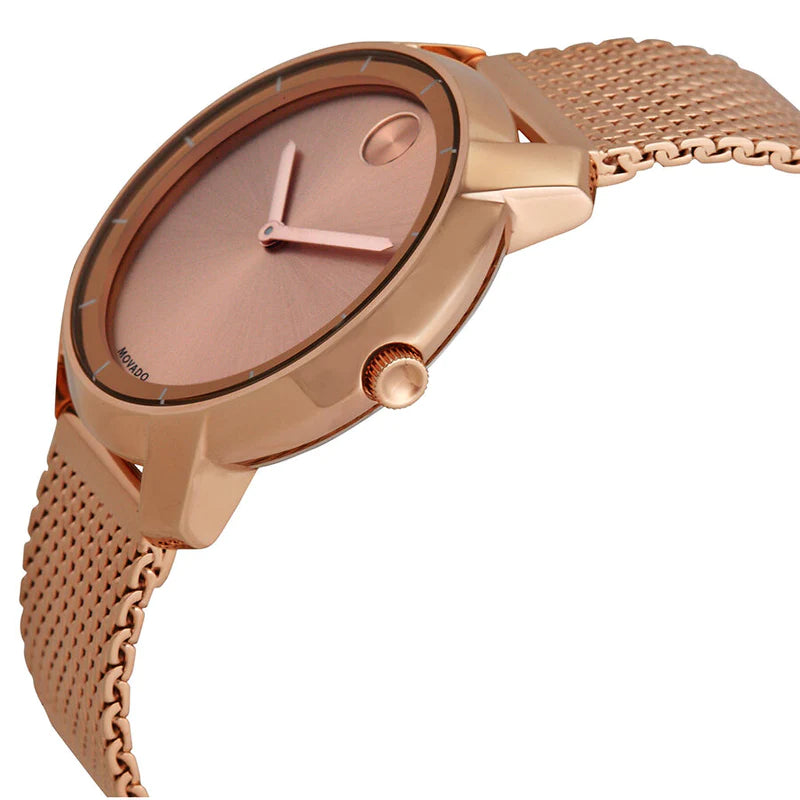 Side view of Movado Bold rose gold watch showing mesh bracelet and case profile