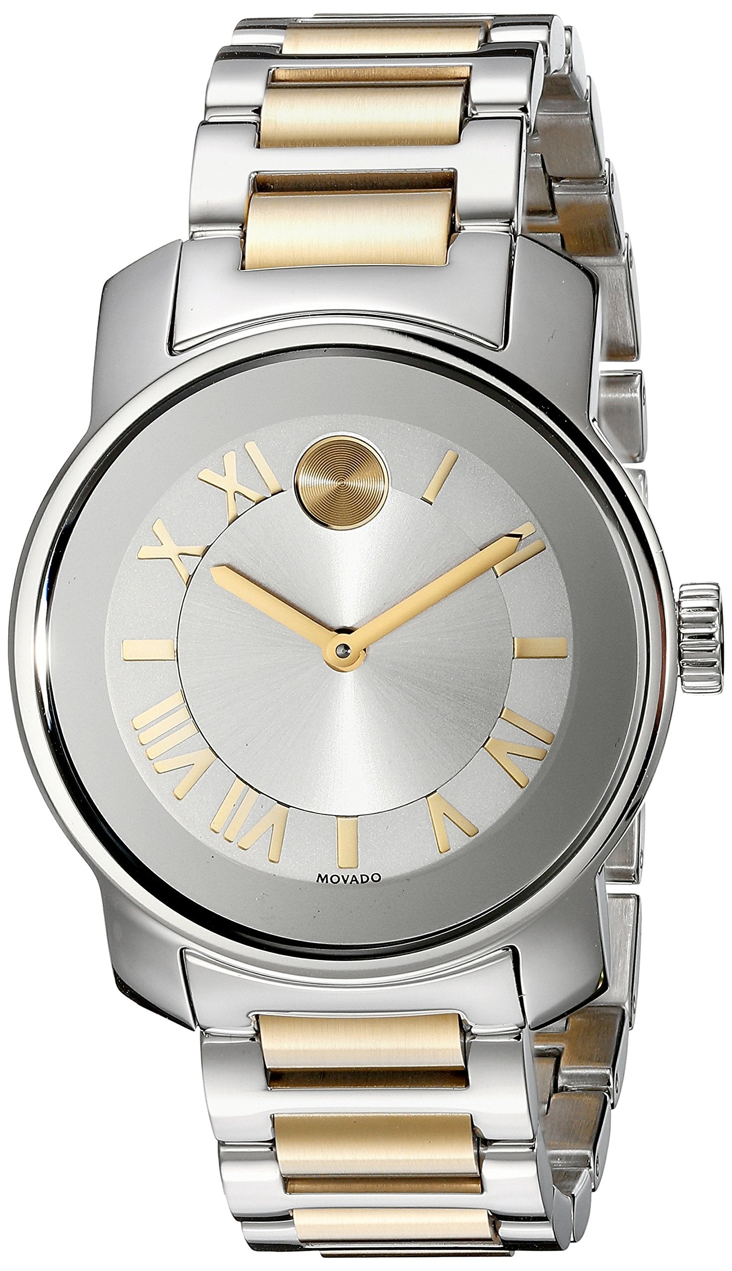 Movado Bold women's watch angled view showing two-tone steel and gold bracelet with silver dial