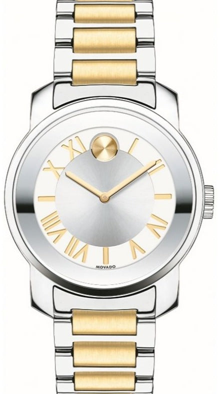 Movado Bold women's watch with silver dial, two-tone steel and gold strap, and gold Roman numerals