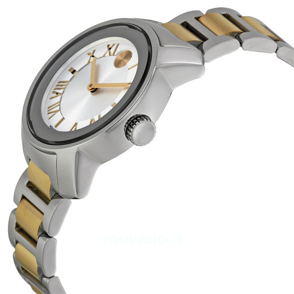 Movado Bold women's watch side profile showing two-tone steel and gold strap with crown detail