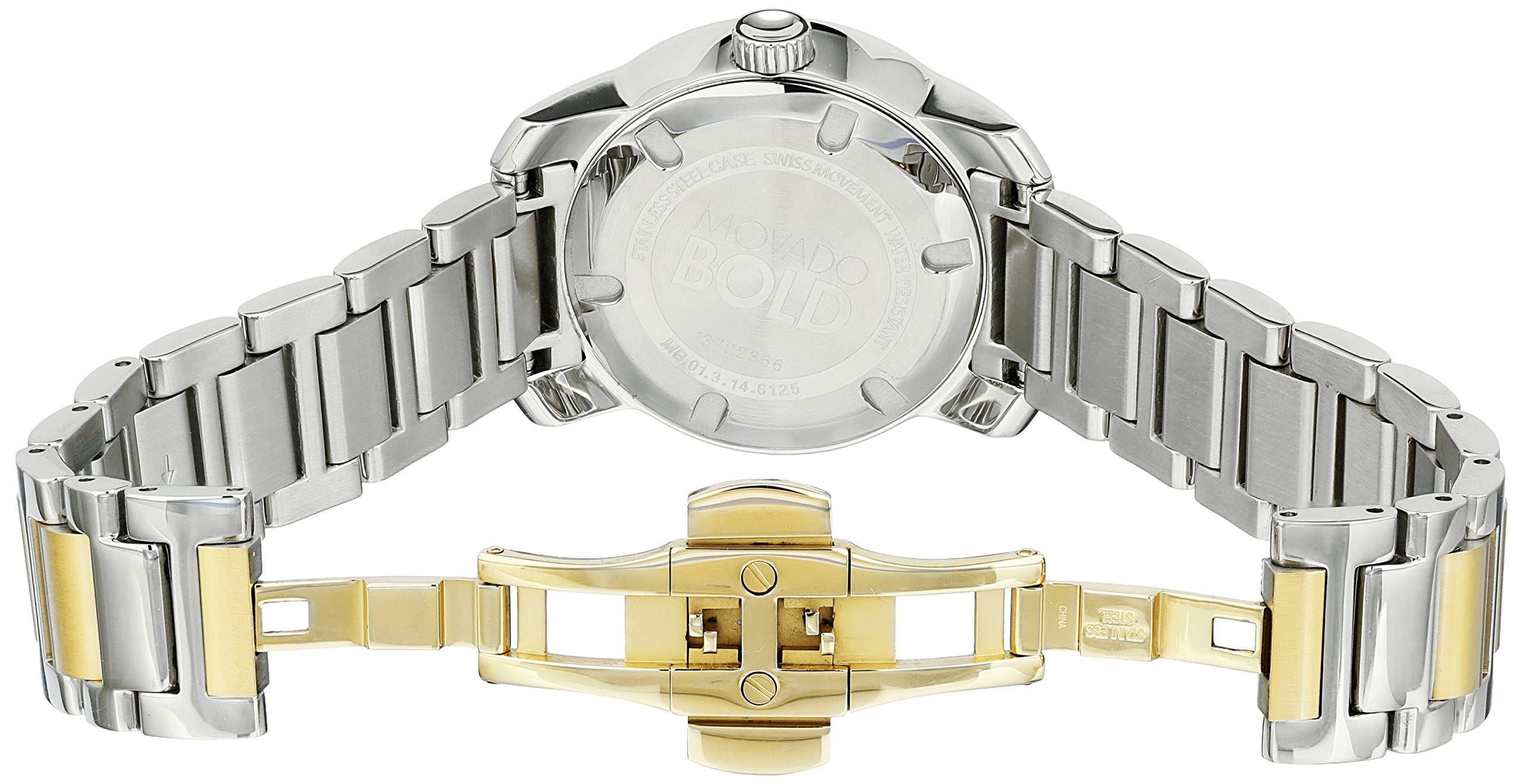 Movado Bold women's watch strap detail showing two-tone steel and gold bracelet with deployment clasp
