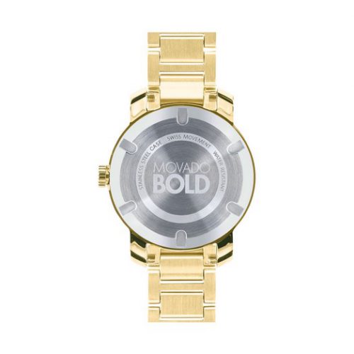 Movado Bold watch caseback showing engraved logo on brushed steel