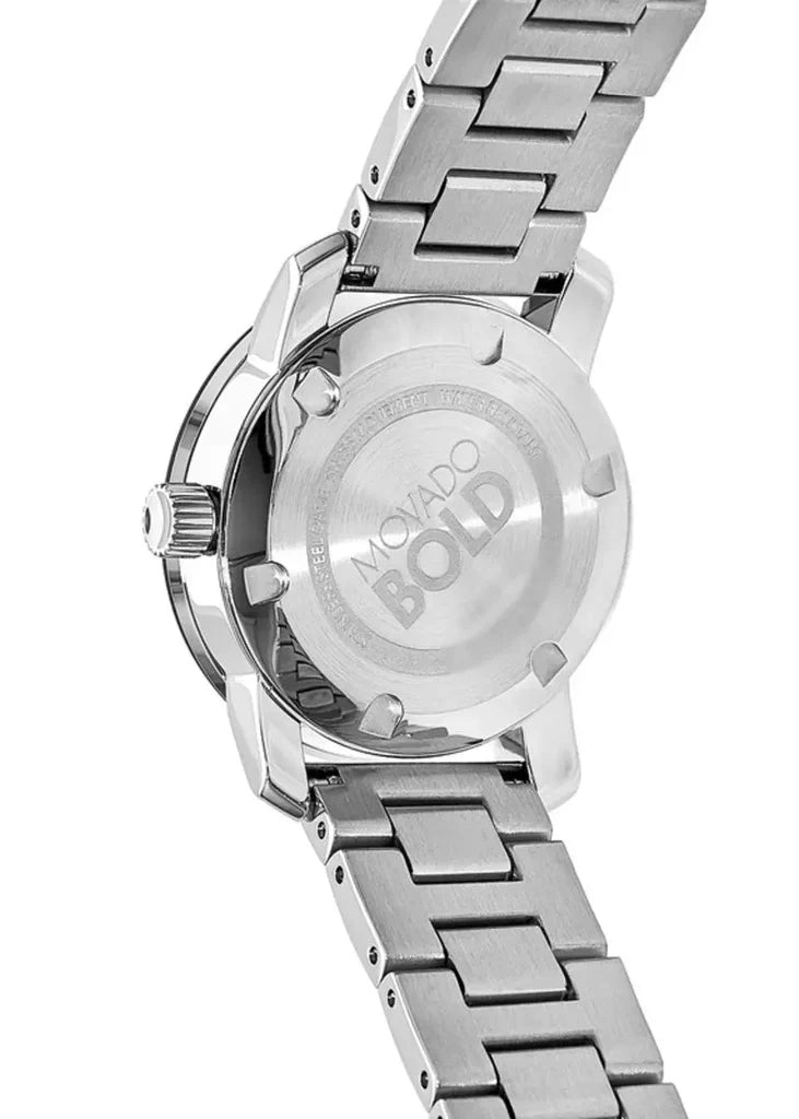 Movado Bold watch caseback showing stainless steel back and bracelet