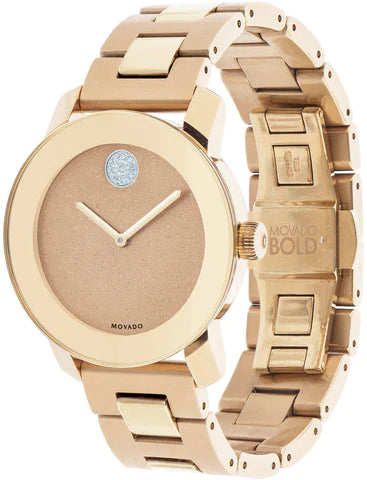 Movado Bold watch from side angle showing rose gold bracelet and bronze dial face