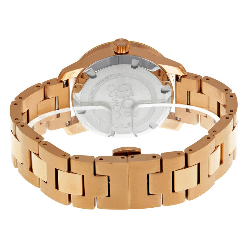 Movado Bold watch caseback showing rose gold ion-plated stainless steel case