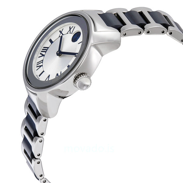 Movado Bold ladies watch side profile with crown and two-tone steel and ceramic links