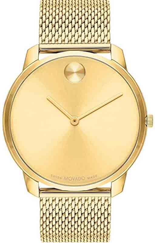 Movado Bold gold men's watch with champagne dial and mesh strap