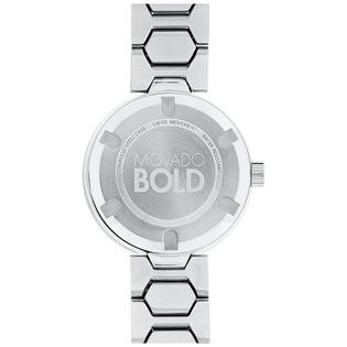 Movado Bold watch case back showing stainless steel with Movado Bold engraving