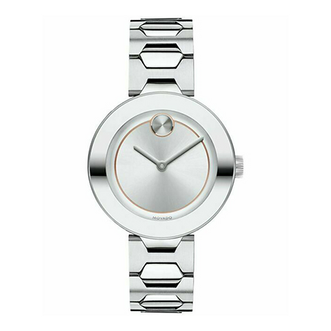 Movado Bold silver stainless steel women's watch with white dial, iconic dot, and bracelet strap