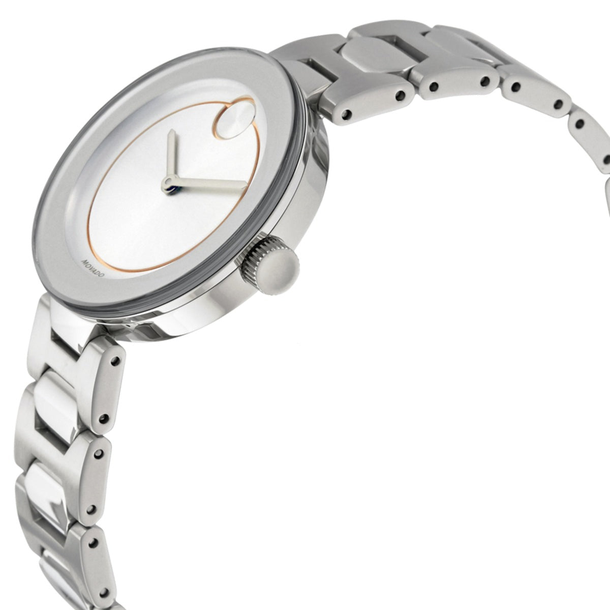 Movado Bold women's watch worn on wrist showing silver stainless steel bracelet and case