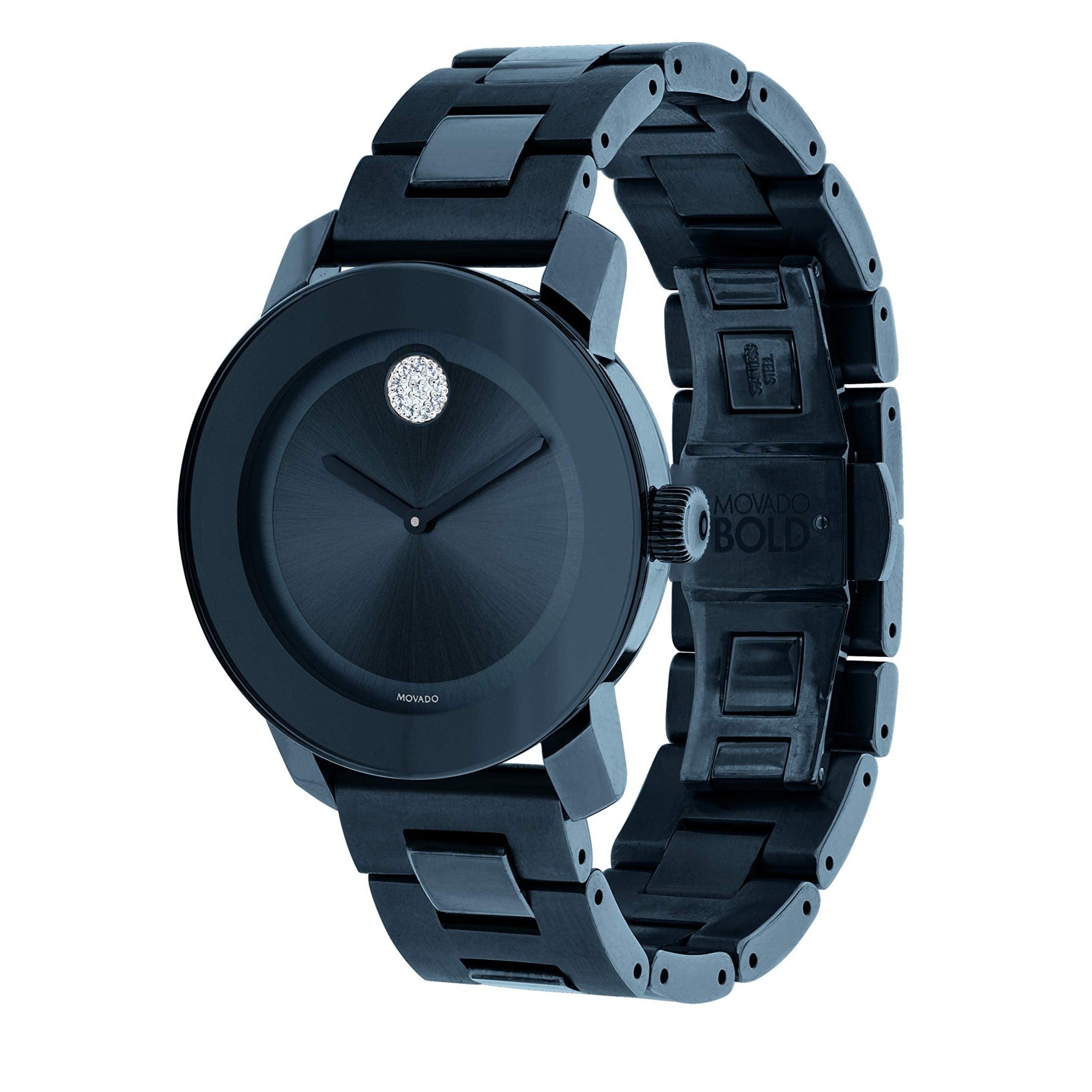 Movado Bold watch angle view showing blue case and bracelet with dot marker