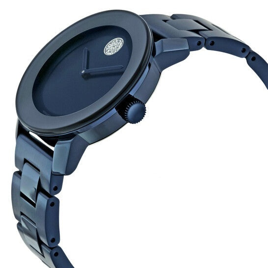 Movado Bold women's watch side view showing case profile and blue bracelet